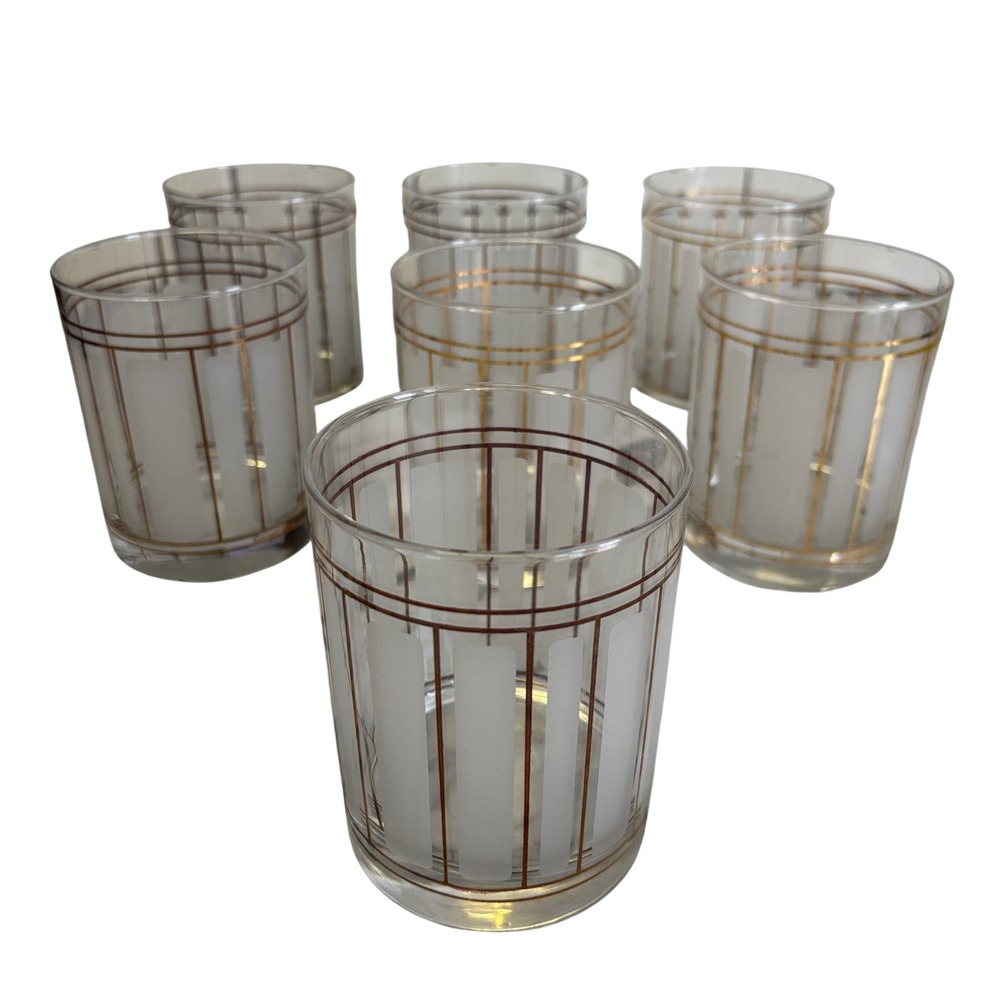 Vintage Culver Servemates Whiskey Lowball Glass Set of 7 Gold Frosted Glass MCM